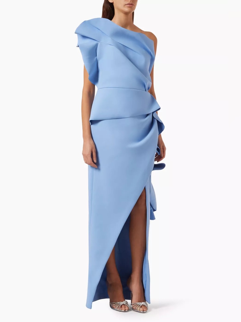 NWOT Rachel Gilbert Dusty Blue One-Shoulder Ruffle Midi Dress, Size US 6/8